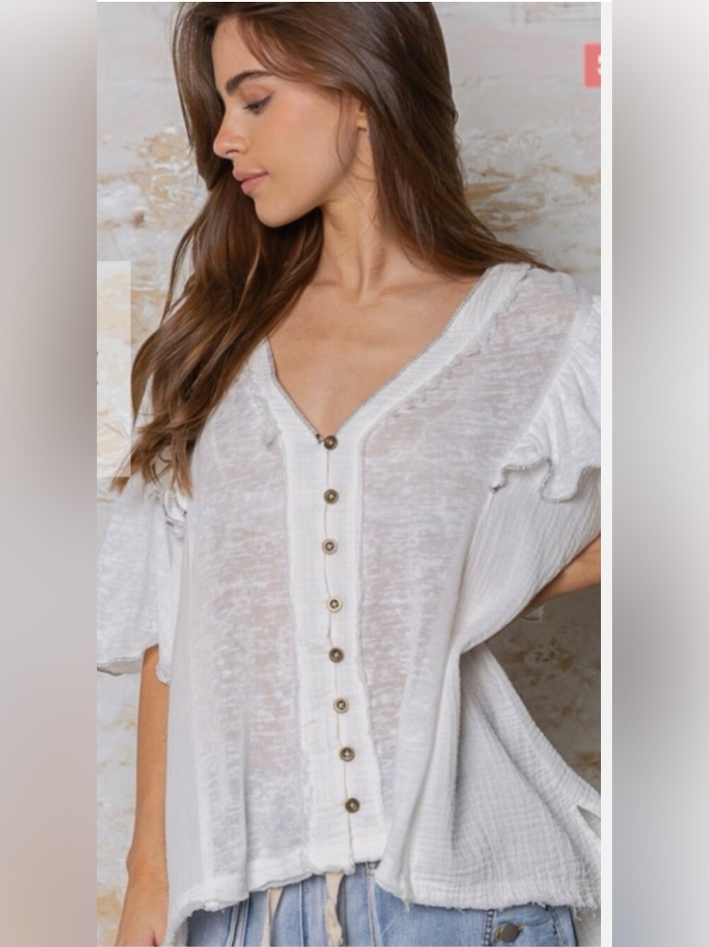 POL Ivory Boho High-Low Tunic Blouse | Gauze & Linen-Look Cotton Top